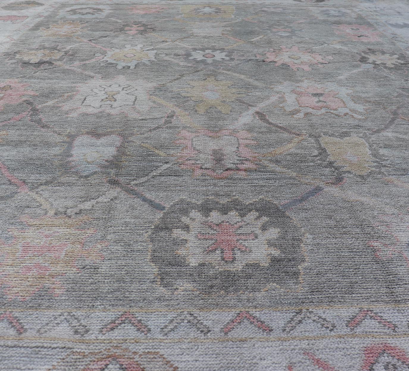 Measures: 9'0 x 11'9 Tribal Design Turkish Oushak Rug with Medallions in Light Green and Multi Colors. Keivan Woven Arts / rug EN - 15210, country of origin / type: Turkey / Oushak This unique design Oushak rug from Turkey features a bold desi... - Keivan Woven ArtsEN - 15210 - 21895Rug