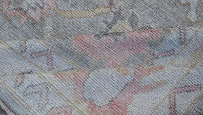 Measures: 9'0 x 11'9 Tribal Design Turkish Oushak Rug with Medallions in Light Green and Multi Colors. Keivan Woven Arts / rug EN - 15210, country of origin / type: Turkey / Oushak This unique design Oushak rug from Turkey features a bold desi... - Keivan Woven ArtsEN - 15210 - 21895Rug