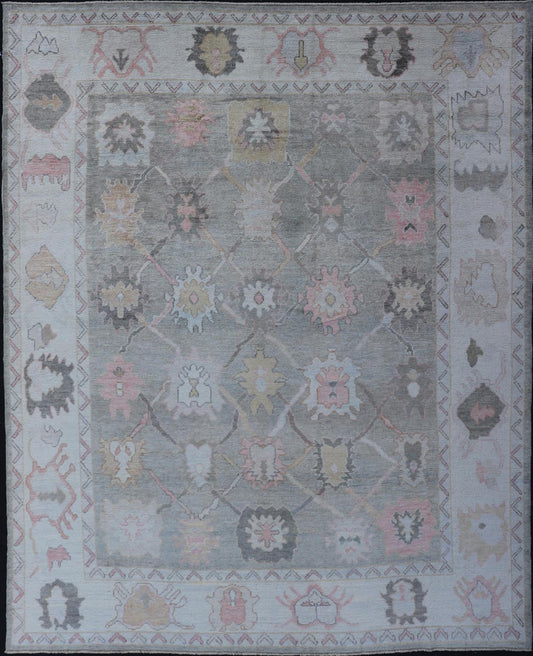 Measures: 9'0 x 11'9 Tribal Design Turkish Oushak Rug with Medallions in Light Green and Multi Colors. Keivan Woven Arts / rug EN - 15210, country of origin / type: Turkey / Oushak This unique design Oushak rug from Turkey features a bold desi... - Keivan Woven ArtsEN - 15210 - 21895