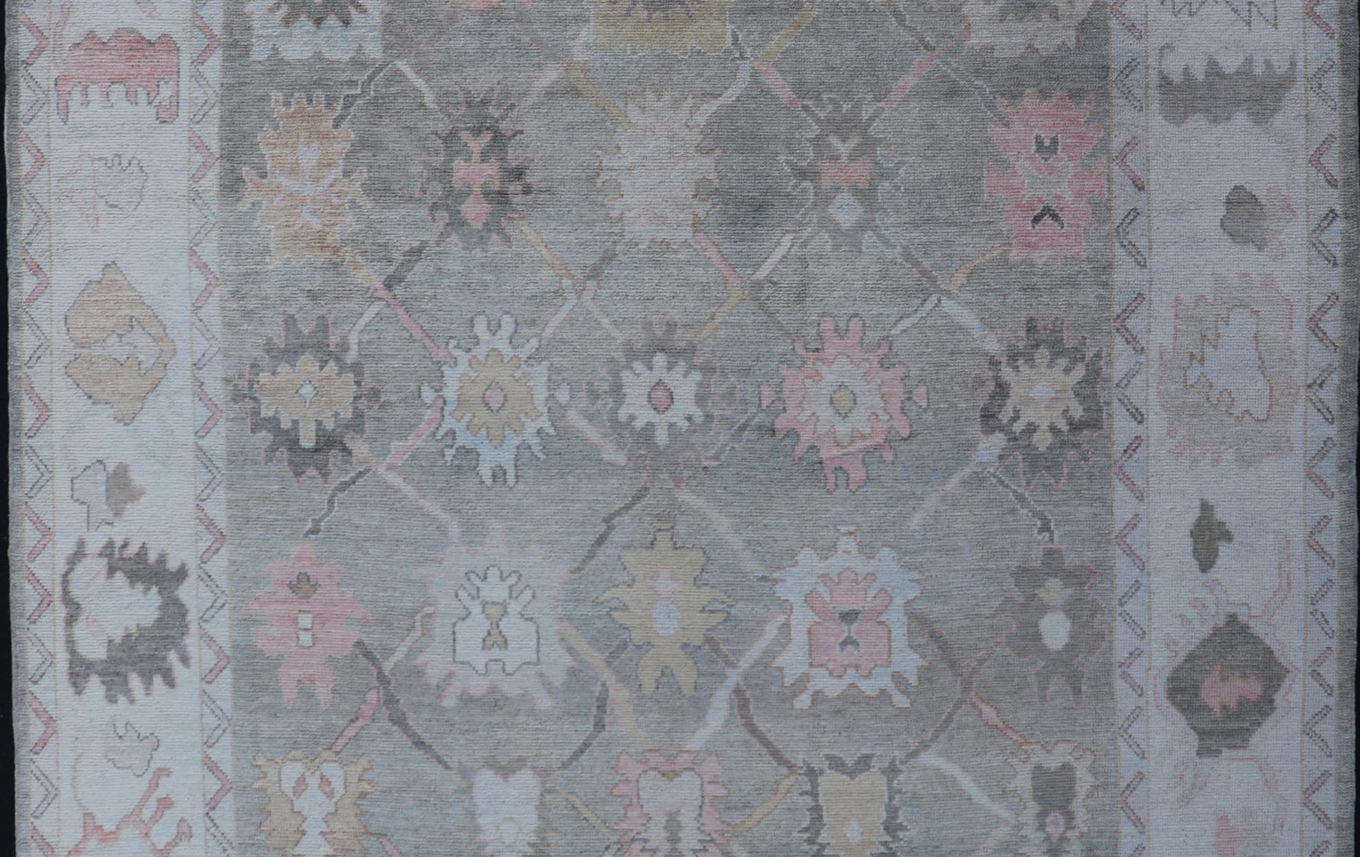 Measures: 9'0 x 11'9 Tribal Design Turkish Oushak Rug with Medallions in Light Green and Multi Colors. Keivan Woven Arts / rug EN - 15210, country of origin / type: Turkey / Oushak This unique design Oushak rug from Turkey features a bold desi... - Keivan Woven ArtsEN - 15210 - 21895Rug