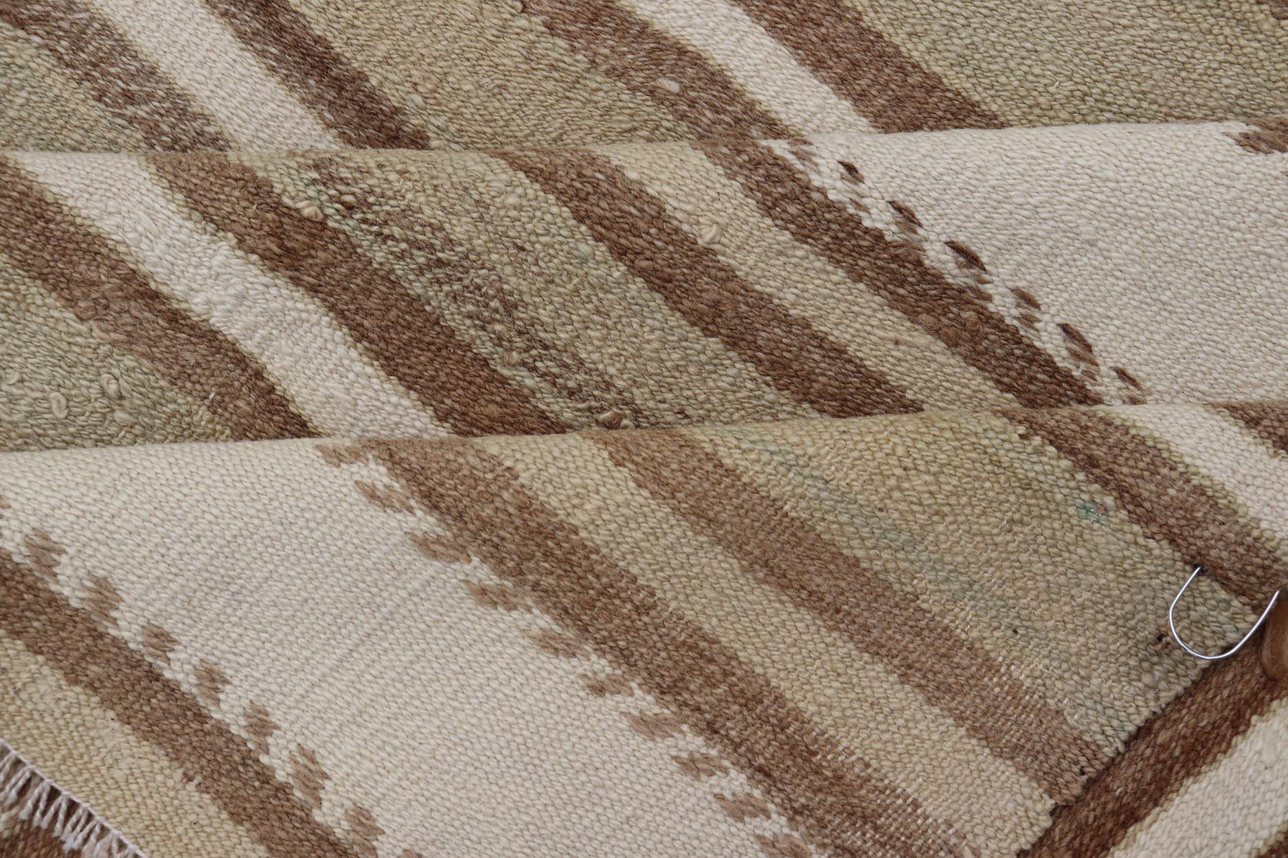 Striped Flat - Weave Vintage Turkish Kilim in Green, Cream, brown and Tan. Keivan Woven Arts / rug EN - 15245, country of origin / type: Turkey / Kilim, circa 1950 Measures: 4'11 x 8'1 This lightly - colored Turkish Kilim is flat - woven in a mi... - Keivan Woven ArtsEN - 15245 - 24049Rug