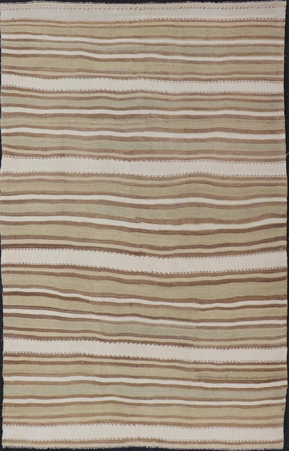 Striped Flat - Weave Vintage Turkish Kilim in Green, Cream, brown and Tan. Keivan Woven Arts / rug EN - 15245, country of origin / type: Turkey / Kilim, circa 1950 Measures: 4'11 x 8'1 This lightly - colored Turkish Kilim is flat - woven in a mi... - Keivan Woven ArtsEN - 15245 - 24049Rug