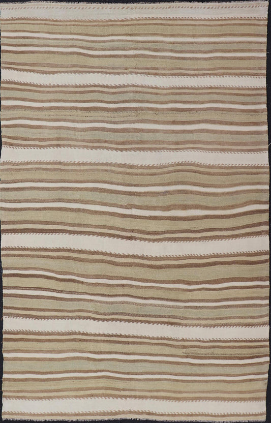 Striped Flat - Weave Vintage Turkish Kilim in Green, Cream, brown and Tan. Keivan Woven Arts / rug EN - 15245, country of origin / type: Turkey / Kilim, circa 1950 Measures: 4'11 x 8'1 This lightly - colored Turkish Kilim is flat - woven in a mi... - Keivan Woven ArtsEN - 15245 - 24049Rug