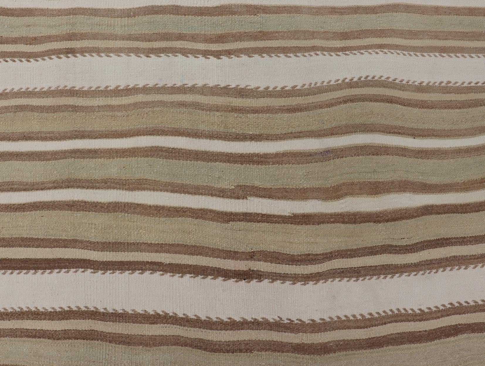Striped Flat - Weave Vintage Turkish Kilim in Green, Cream, brown and Tan. Keivan Woven Arts / rug EN - 15245, country of origin / type: Turkey / Kilim, circa 1950 Measures: 4'11 x 8'1 This lightly - colored Turkish Kilim is flat - woven in a mi... - Keivan Woven ArtsEN - 15245 - 24049Rug