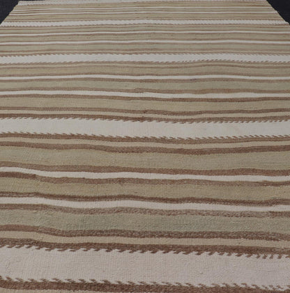 Striped Flat - Weave Vintage Turkish Kilim in Green, Cream, brown and Tan. Keivan Woven Arts / rug EN - 15245, country of origin / type: Turkey / Kilim, circa 1950 Measures: 4'11 x 8'1 This lightly - colored Turkish Kilim is flat - woven in a mi... - Keivan Woven ArtsEN - 15245 - 24049Rug