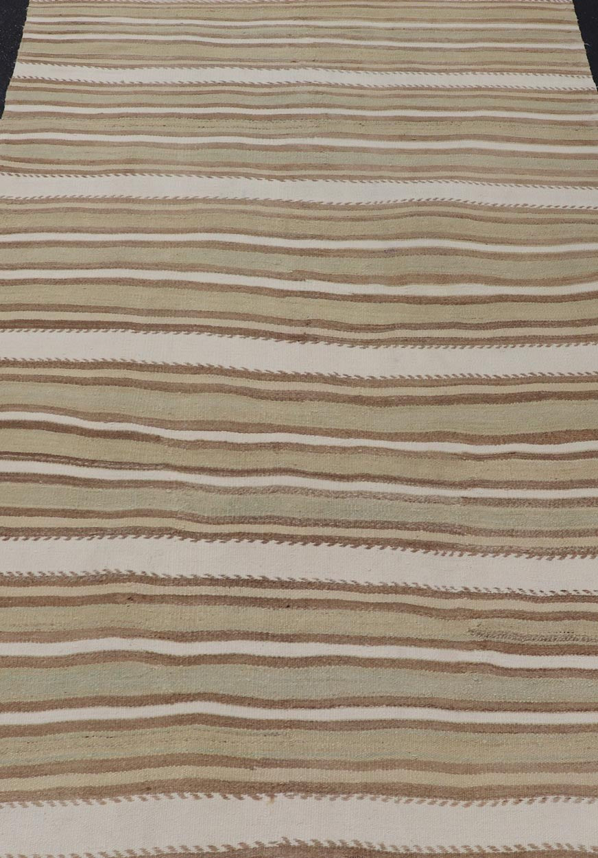 Striped Flat - Weave Vintage Turkish Kilim in Green, Cream, brown and Tan. Keivan Woven Arts / rug EN - 15245, country of origin / type: Turkey / Kilim, circa 1950 Measures: 4'11 x 8'1 This lightly - colored Turkish Kilim is flat - woven in a mi... - Keivan Woven ArtsEN - 15245 - 24049Rug