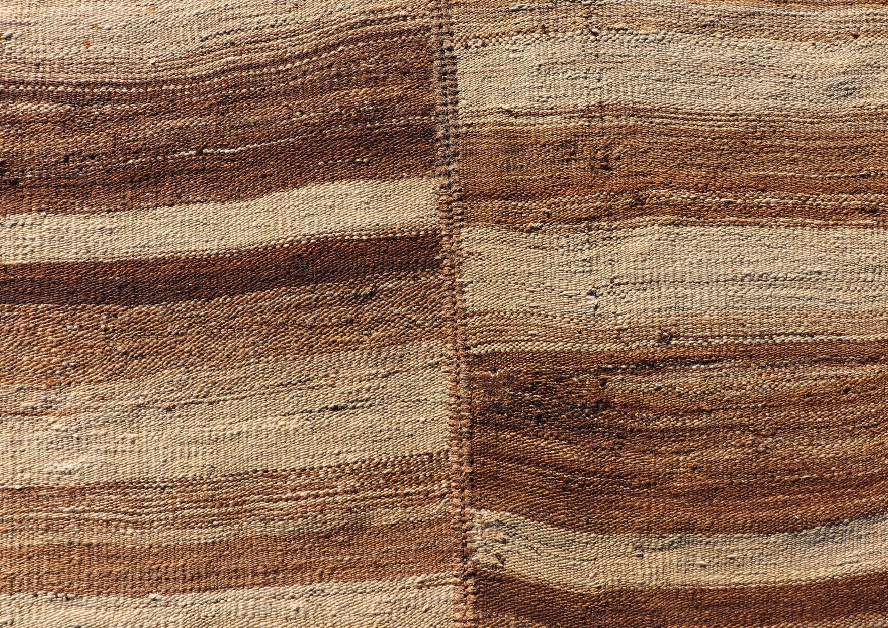 Measures: 5'0 x 14'7 Long Vintage Turkish Kilim Gallery Runner with Shades Brown and Cream Stripes. Keivan Woven Arts / rug EN - 15246, country of origin / type: Turkey / Kilim, circa 1950 This vintage flat - woven Kilim gallery runner features ... - Keivan Woven ArtsEN - 15246 - 22614Rug