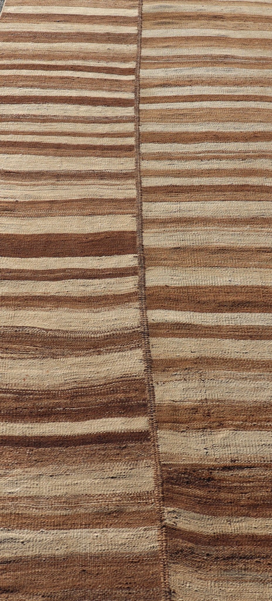 Measures: 5'0 x 14'7 Long Vintage Turkish Kilim Gallery Runner with Shades Brown and Cream Stripes. Keivan Woven Arts / rug EN - 15246, country of origin / type: Turkey / Kilim, circa 1950 This vintage flat - woven Kilim gallery runner features ... - Keivan Woven ArtsEN - 15246 - 22614Rug