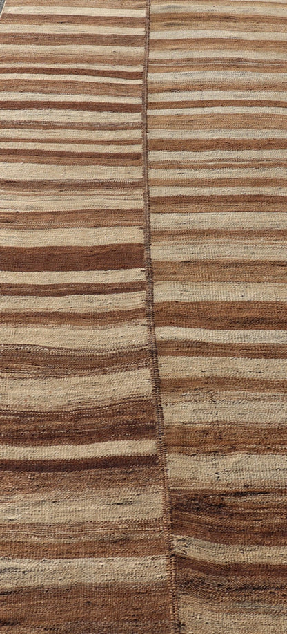 Measures: 5'0 x 14'7 Long Vintage Turkish Kilim Gallery Runner with Shades Brown and Cream Stripes. Keivan Woven Arts / rug EN - 15246, country of origin / type: Turkey / Kilim, circa 1950 This vintage flat - woven Kilim gallery runner features ... - Keivan Woven ArtsEN - 15246 - 22614Rug