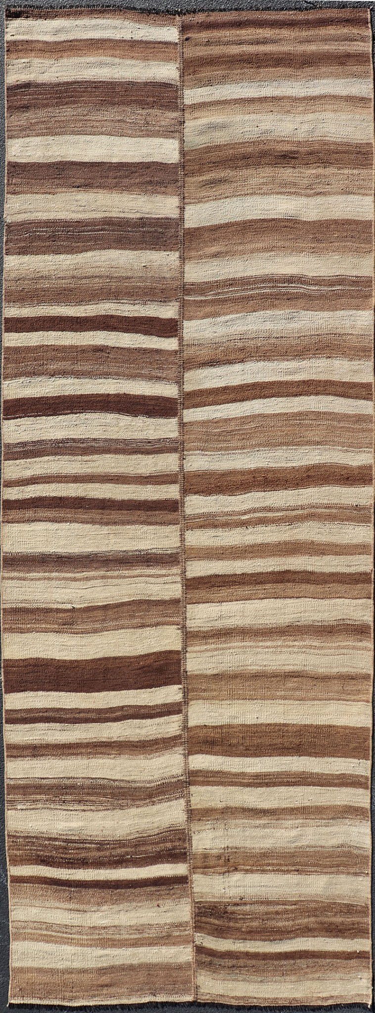 Measures: 5'0 x 14'7 Long Vintage Turkish Kilim Gallery Runner with Shades Brown and Cream Stripes. Keivan Woven Arts / rug EN - 15246, country of origin / type: Turkey / Kilim, circa 1950 This vintage flat - woven Kilim gallery runner features ... - Keivan Woven ArtsEN - 15246 - 22614Rug