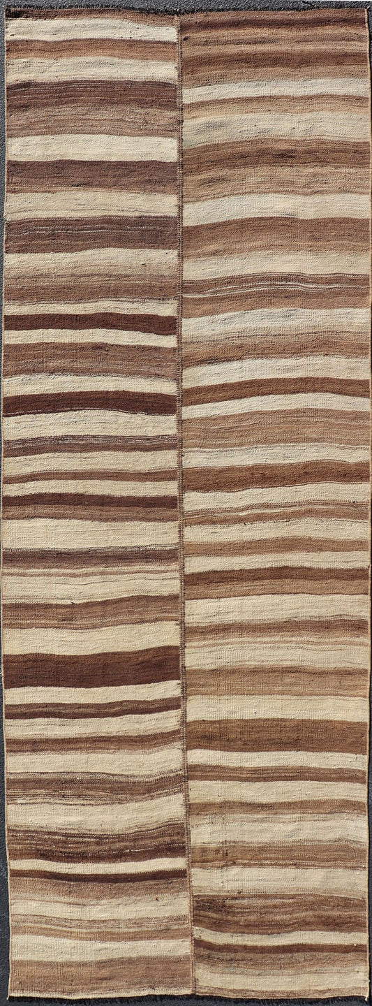 Measures: 5'0 x 14'7 Long Vintage Turkish Kilim Gallery Runner with Shades Brown and Cream Stripes. Keivan Woven Arts / rug EN - 15246, country of origin / type: Turkey / Kilim, circa 1950 This vintage flat - woven Kilim gallery runner features ... - Keivan Woven ArtsEN - 15246 - 22614Rug