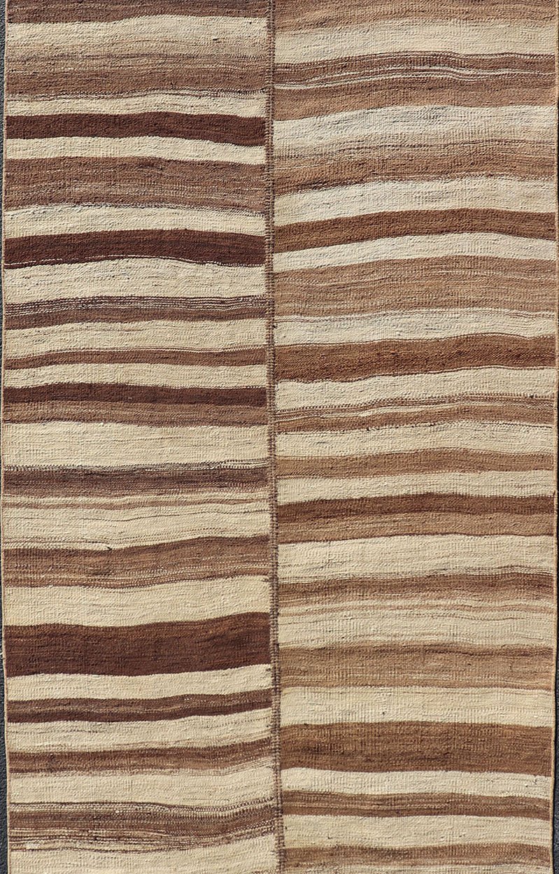 Measures: 5'0 x 14'7 Long Vintage Turkish Kilim Gallery Runner with Shades Brown and Cream Stripes. Keivan Woven Arts / rug EN - 15246, country of origin / type: Turkey / Kilim, circa 1950 This vintage flat - woven Kilim gallery runner features ... - Keivan Woven ArtsEN - 15246 - 22614Rug