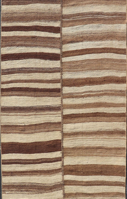 Measures: 5'0 x 14'7 Long Vintage Turkish Kilim Gallery Runner with Shades Brown and Cream Stripes. Keivan Woven Arts / rug EN - 15246, country of origin / type: Turkey / Kilim, circa 1950 This vintage flat - woven Kilim gallery runner features ... - Keivan Woven ArtsEN - 15246 - 22614Rug