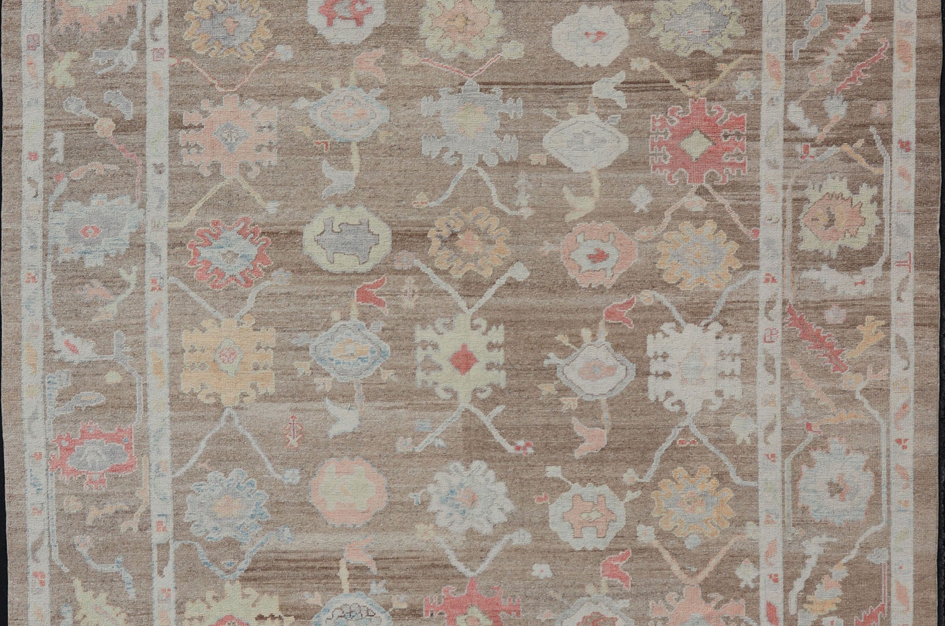 Measures: 12'0 x 15'0 Turkish Oushak Rug with All - Over Floral Design On A Light Brown Field. Keivan Woven Arts / rug EN - 15250, country of origin / type: Turkey / Oushak. This hand Knotted, hand spun wool Oushak rug from Turkey features a neu... - Keivan Woven ArtsEN - 15250 - 22884Rug