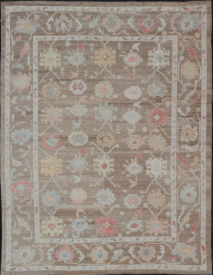 Measures: 12'0 x 15'0 Turkish Oushak Rug with All - Over Floral Design On A Light Brown Field. Keivan Woven Arts / rug EN - 15250, country of origin / type: Turkey / Oushak. This hand Knotted, hand spun wool Oushak rug from Turkey features a neu... - Keivan Woven ArtsEN - 15250 - 22884Rug