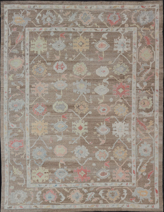 Measures: 12'0 x 15'0 Turkish Oushak Rug with All - Over Floral Design On A Light Brown Field. Keivan Woven Arts / rug EN - 15250, country of origin / type: Turkey / Oushak. This hand Knotted, hand spun wool Oushak rug from Turkey features a neu... - Keivan Woven ArtsEN - 15250 - 22884Rug
