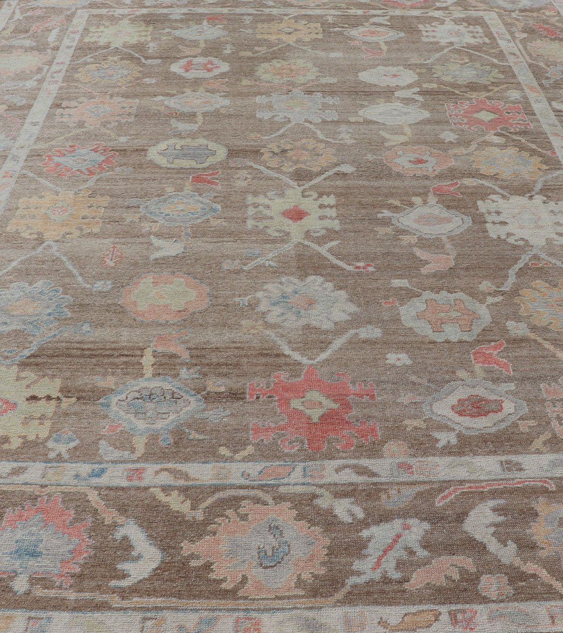 Measures: 12'0 x 15'0 Turkish Oushak Rug with All - Over Floral Design On A Light Brown Field. Keivan Woven Arts / rug EN - 15250, country of origin / type: Turkey / Oushak. This hand Knotted, hand spun wool Oushak rug from Turkey features a neu... - Keivan Woven ArtsEN - 15250 - 22884Rug