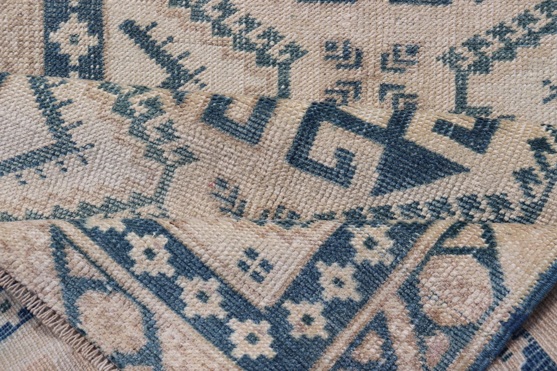 Vintage Oushak Turkish Runner with Geometric Design in Blue, Tan, and Blush. Keivan Woven Arts / rug EN - 15277 country of origin / type: Turkey / Oushak, circa 1940 Measures: 2'5 x 9'8 This vintage Turkish runner from Turkey features an... - Keivan Woven ArtsEN - 15277 - 23601Rug