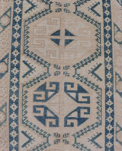Vintage Oushak Turkish Runner with Geometric Design in Blue, Tan, and Blush. Keivan Woven Arts / rug EN - 15277 country of origin / type: Turkey / Oushak, circa 1940 Measures: 2'5 x 9'8 This vintage Turkish runner from Turkey features an... - Keivan Woven ArtsEN - 15277 - 23601Rug
