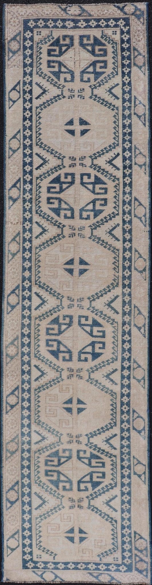 Vintage Oushak Turkish Runner with Geometric Design in Blue, Tan, and Blush. Keivan Woven Arts / rug EN - 15277 country of origin / type: Turkey / Oushak, circa 1940 Measures: 2'5 x 9'8 This vintage Turkish runner from Turkey features an... - Keivan Woven ArtsEN - 15277 - 23601Rug