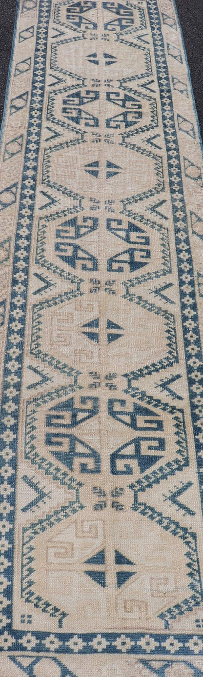 Vintage Oushak Turkish Runner with Geometric Design in Blue, Tan, and Blush. Keivan Woven Arts / rug EN - 15277 country of origin / type: Turkey / Oushak, circa 1940 Measures: 2'5 x 9'8 This vintage Turkish runner from Turkey features an... - Keivan Woven ArtsEN - 15277 - 23601Rug
