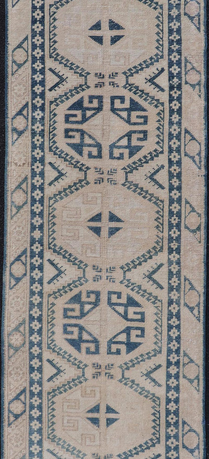 Vintage Oushak Turkish Runner with Geometric Design in Blue, Tan, and Blush. Keivan Woven Arts / rug EN - 15277 country of origin / type: Turkey / Oushak, circa 1940 Measures: 2'5 x 9'8 This vintage Turkish runner from Turkey features an... - Keivan Woven ArtsEN - 15277 - 23601Rug