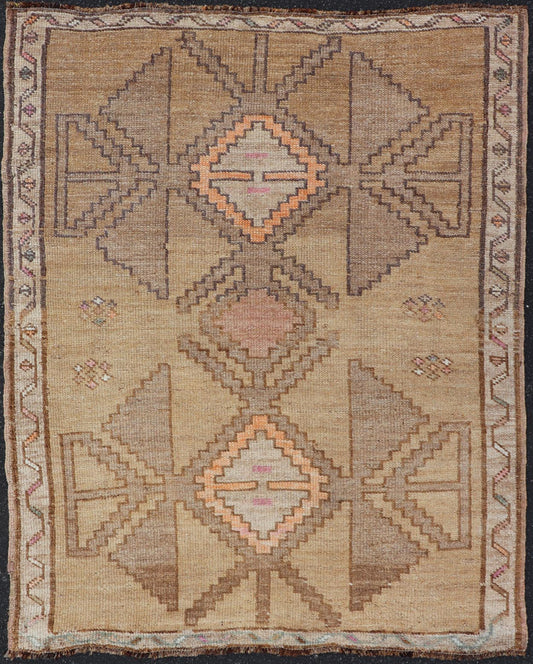 Colorful Turkish Kars with Tribal Medallion Designs and Geometric Motifs. Vintage Turkish in brown background and taupe border with accent colors, ornage, tan, cream, brown, and taupe. Keivan Woven Arts / rug /EN - 15296, country of origin / type: Turkey... - Keivan Woven ArtsEN - 15296 - 23678