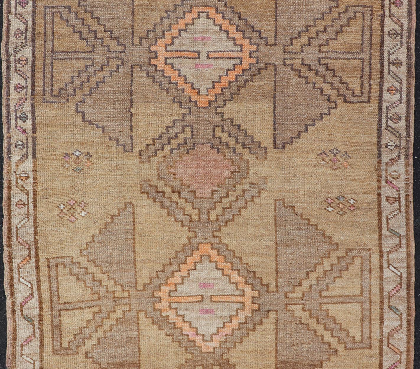 Colorful Turkish Kars with Tribal Medallion Designs and Geometric Motifs. Vintage Turkish in brown background and taupe border with accent colors, ornage, tan, cream, brown, and taupe. Keivan Woven Arts / rug /EN - 15296, country of origin / type: Turkey... - Keivan Woven ArtsEN - 15296 - 23678Rug