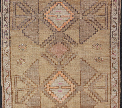 Colorful Turkish Kars with Tribal Medallion Designs and Geometric Motifs. Vintage Turkish in brown background and taupe border with accent colors, ornage, tan, cream, brown, and taupe. Keivan Woven Arts / rug /EN - 15296, country of origin / type: Turkey... - Keivan Woven ArtsEN - 15296 - 23678Rug