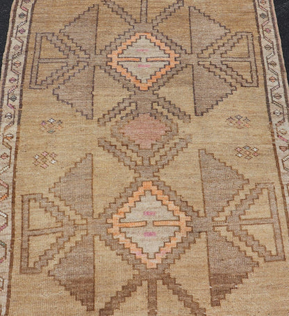 Colorful Turkish Kars with Tribal Medallion Designs and Geometric Motifs. Vintage Turkish in brown background and taupe border with accent colors, ornage, tan, cream, brown, and taupe. Keivan Woven Arts / rug /EN - 15296, country of origin / type: Turkey... - Keivan Woven ArtsEN - 15296 - 23678Rug