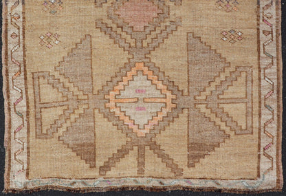 Colorful Turkish Kars with Tribal Medallion Designs and Geometric Motifs. Vintage Turkish in brown background and taupe border with accent colors, ornage, tan, cream, brown, and taupe. Keivan Woven Arts / rug /EN - 15296, country of origin / type: Turkey... - Keivan Woven ArtsEN - 15296 - 23678Rug