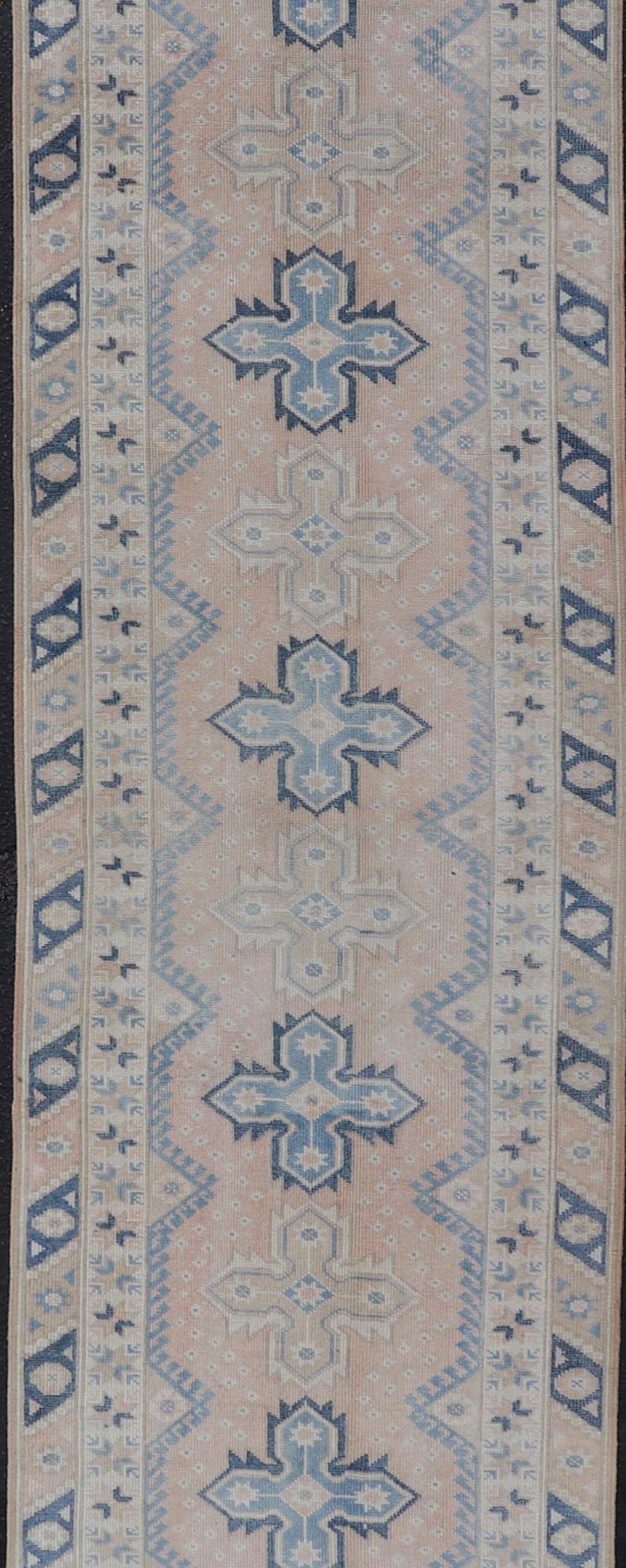 Long Vintage Turkish Oushak Runner in Various Blue, Taupe, Salmon and Cream. Keivan Woven Arts / rug EN - 15349, country of origin / type: Turkey / Oushak, circa 1940. Measures: 2'11 x 15'5 This Long and narrow vintage Turkish Oushak runn... - Keivan Woven ArtsEN - 15349 - 23613Rug