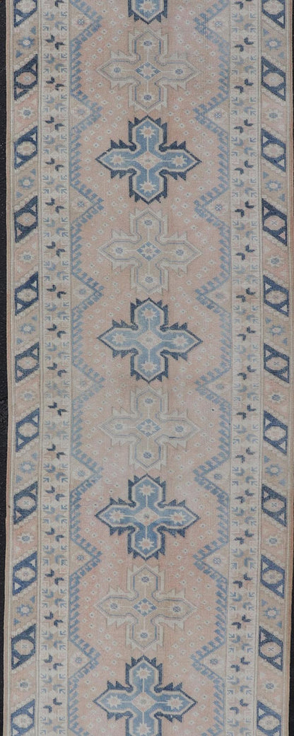 Long Vintage Turkish Oushak Runner in Various Blue, Taupe, Salmon and Cream. Keivan Woven Arts / rug EN - 15349, country of origin / type: Turkey / Oushak, circa 1940. Measures: 2'11 x 15'5 This Long and narrow vintage Turkish Oushak runn... - Keivan Woven ArtsEN - 15349 - 23613Rug
