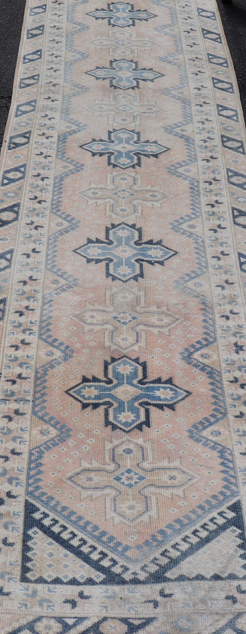 Long Vintage Turkish Oushak Runner in Various Blue, Taupe, Salmon and Cream. Keivan Woven Arts / rug EN - 15349, country of origin / type: Turkey / Oushak, circa 1940. Measures: 2'11 x 15'5 This Long and narrow vintage Turkish Oushak runn... - Keivan Woven ArtsEN - 15349 - 23613Rug