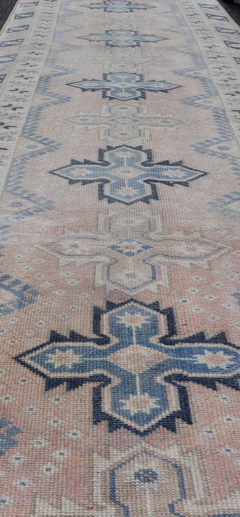 Long Vintage Turkish Oushak Runner in Various Blue, Taupe, Salmon and Cream. Keivan Woven Arts / rug EN - 15349, country of origin / type: Turkey / Oushak, circa 1940. Measures: 2'11 x 15'5 This Long and narrow vintage Turkish Oushak runn... - Keivan Woven ArtsEN - 15349 - 23613Rug
