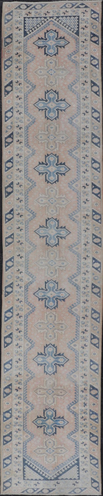 Long Vintage Turkish Oushak Runner in Various Blue, Taupe, Salmon and Cream. Keivan Woven Arts / rug EN - 15349, country of origin / type: Turkey / Oushak, circa 1940. Measures: 2'11 x 15'5 This Long and narrow vintage Turkish Oushak runn... - Keivan Woven ArtsEN - 15349 - 23613Rug