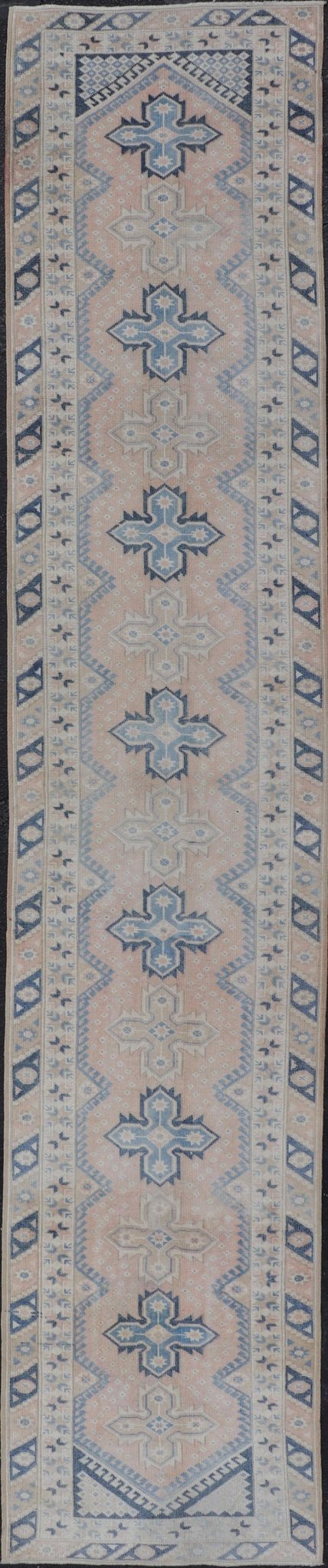Long Vintage Turkish Oushak Runner in Various Blue, Taupe, Salmon and Cream. Keivan Woven Arts / rug EN - 15349, country of origin / type: Turkey / Oushak, circa 1940. Measures: 2'11 x 15'5 This Long and narrow vintage Turkish Oushak runn... - Keivan Woven ArtsEN - 15349 - 23613Rug
