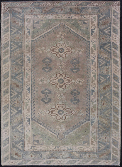 Vintage Turkish Rug with Unique Design in Blue, Taupe, Butter & Neutral Colors. Keivan Woven Arts / rug EN - 15376, country of origin / type: Turkey / Oushak, circa 1950 Measures: 4'6 x 6'6 This enchanting and unique vintage Oushak rug was made in... - Keivan Woven ArtsEN - 15376 - 23821Rug
