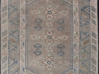 Vintage Turkish Rug with Unique Design in Blue, Taupe, Butter & Neutral Colors. Keivan Woven Arts / rug EN - 15376, country of origin / type: Turkey / Oushak, circa 1950 Measures: 4'6 x 6'6 This enchanting and unique vintage Oushak rug was made in... - Keivan Woven ArtsEN - 15376 - 23821Rug