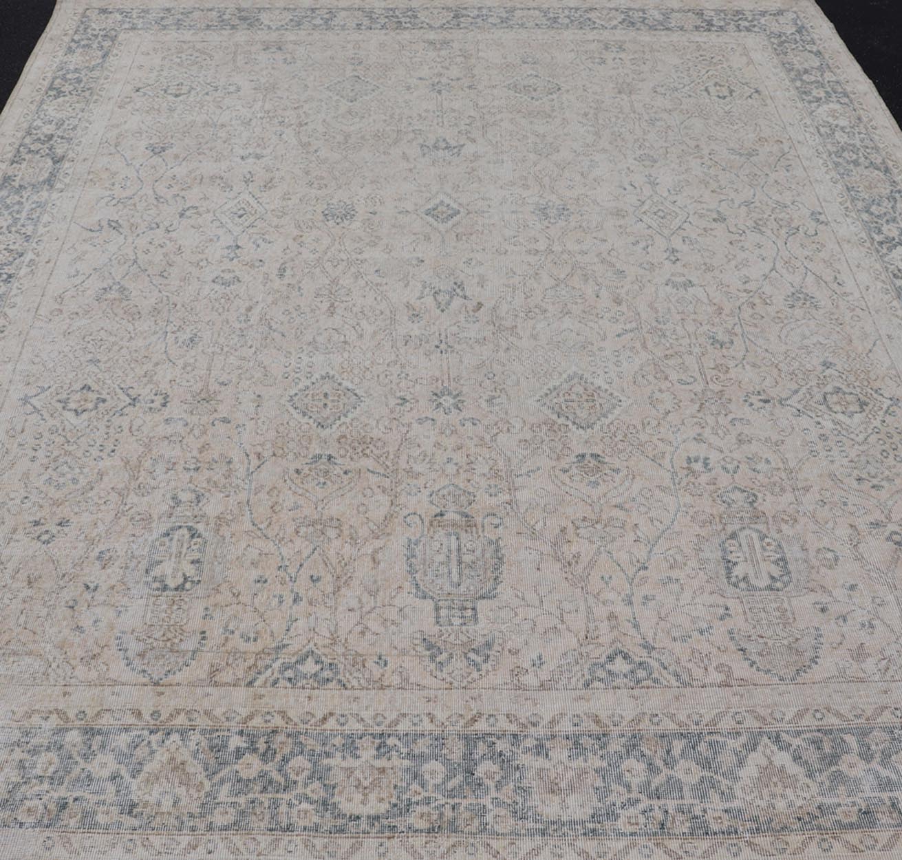 Blush, Tan, & Blue Vintage Turkish Distressed Rug with All - Over Floral Design. Blush, Cream, light brown, gray blue and Blue Vintage Turkish Distressed Rug with All - Over Floral Design in Tan, gray blue, light brown. Keivan Woven Arts, rug/EN - 154... - Keivan Woven ArtsEN - 15414 - 23827Rug