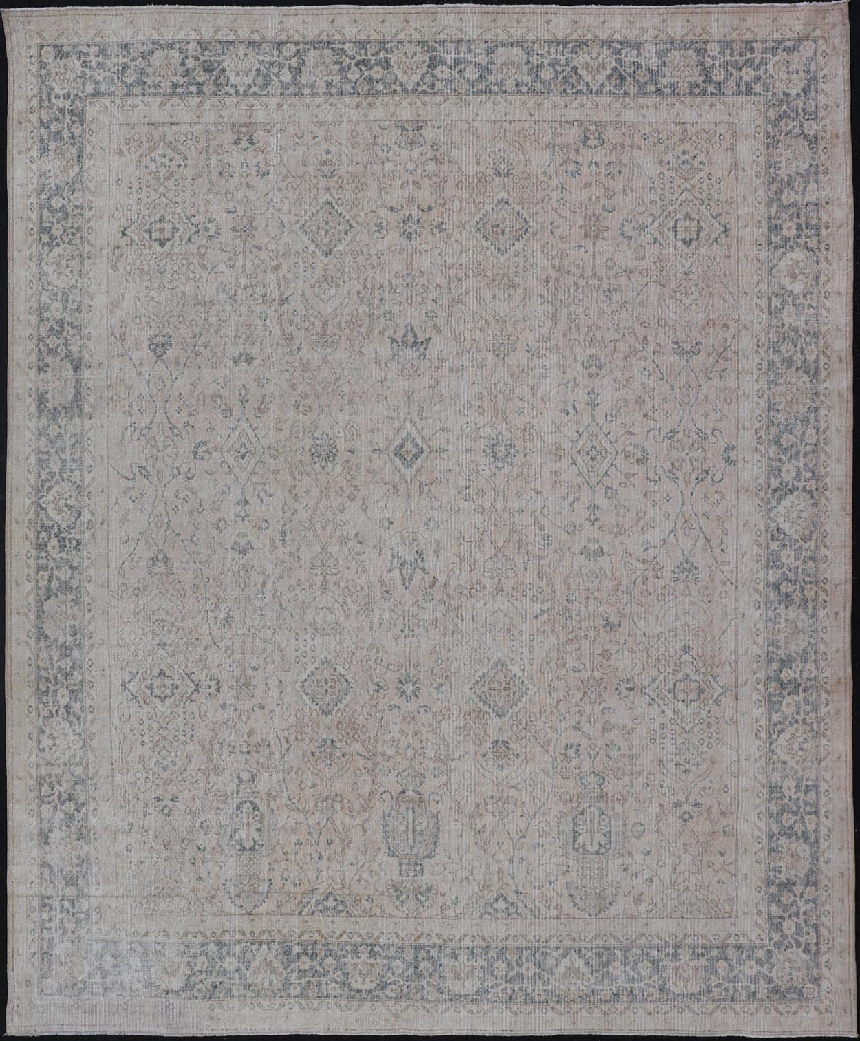 Blush, Tan, & Blue Vintage Turkish Distressed Rug with All - Over Floral Design. Blush, Cream, light brown, gray blue and Blue Vintage Turkish Distressed Rug with All - Over Floral Design in Tan, gray blue, light brown. Keivan Woven Arts, rug/EN - 154... - Keivan Woven ArtsEN - 15414 - 23827