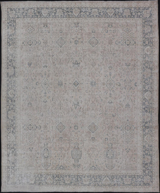 Blush, Tan, & Blue Vintage Turkish Distressed Rug with All - Over Floral Design. Blush, Cream, light brown, gray blue and Blue Vintage Turkish Distressed Rug with All - Over Floral Design in Tan, gray blue, light brown. Keivan Woven Arts, rug/EN - 154... - Keivan Woven ArtsEN - 15414 - 23827