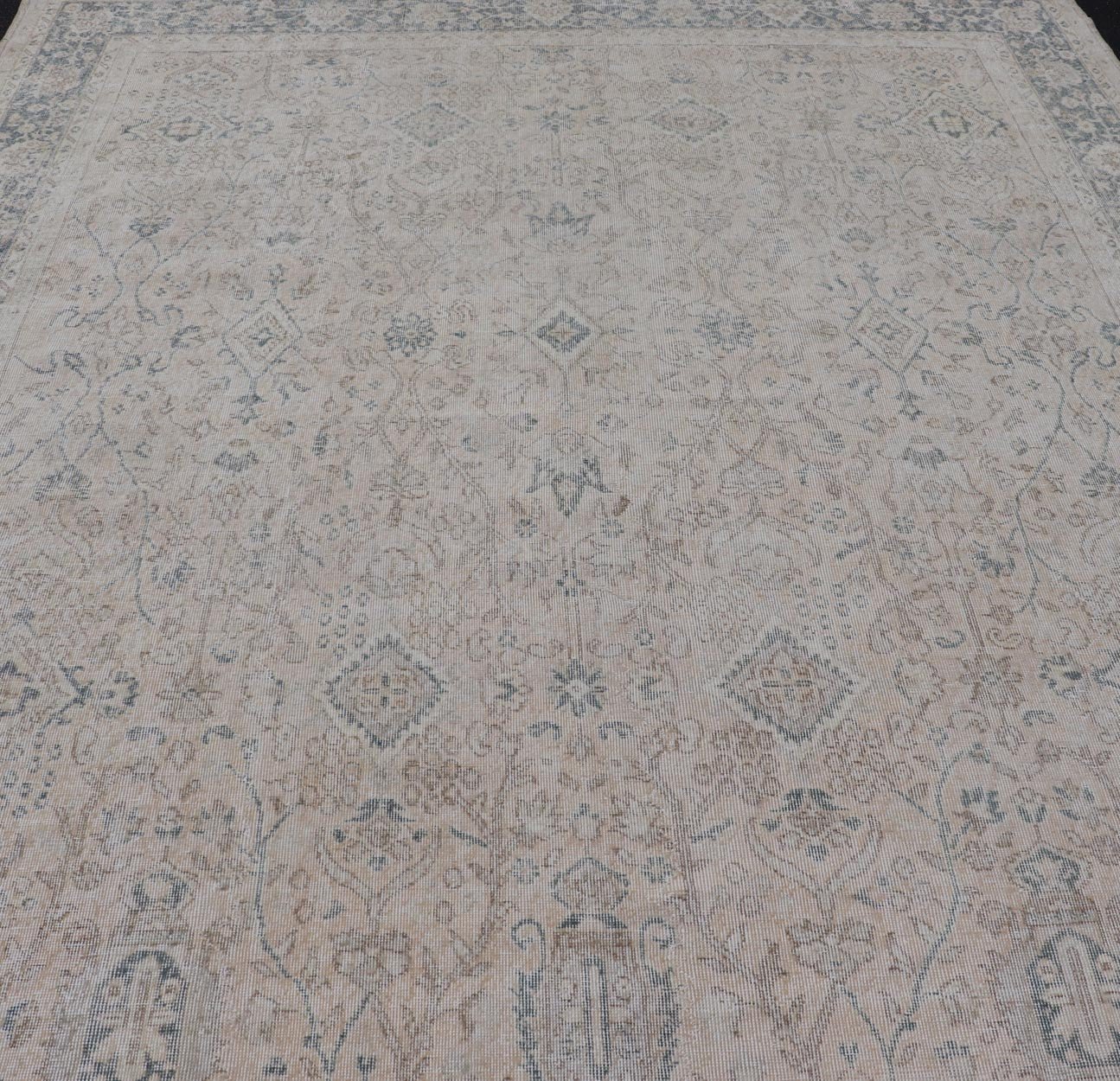 Blush, Tan, & Blue Vintage Turkish Distressed Rug with All - Over Floral Design. Blush, Cream, light brown, gray blue and Blue Vintage Turkish Distressed Rug with All - Over Floral Design in Tan, gray blue, light brown. Keivan Woven Arts, rug/EN - 154... - Keivan Woven ArtsEN - 15414 - 23827
