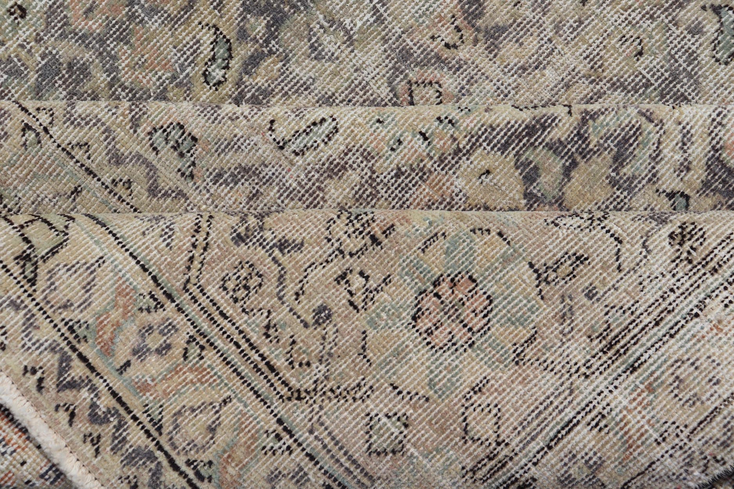 All - Over Vintage Turkish Distressed Rug in Cream, Lavender, Taupe, and Green. Keivan Woven Arts / rug EN - 15415, country of origin / type: Turkey / Oushak, circa 1950. Measures: 7'9 x 11'2 This distressed rug Turkish vintage rug bears... - Keivan Woven ArtsEN - 15415 - 23690Rug