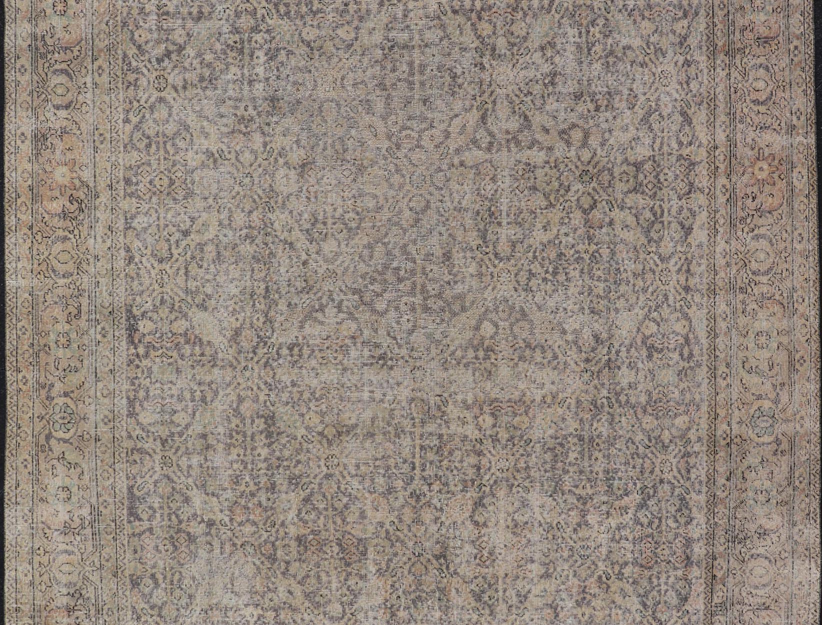 All - Over Vintage Turkish Distressed Rug in Cream, Lavender, Taupe, and Green. Keivan Woven Arts / rug EN - 15415, country of origin / type: Turkey / Oushak, circa 1950. Measures: 7'9 x 11'2 This distressed rug Turkish vintage rug bears... - Keivan Woven ArtsEN - 15415 - 23690Rug