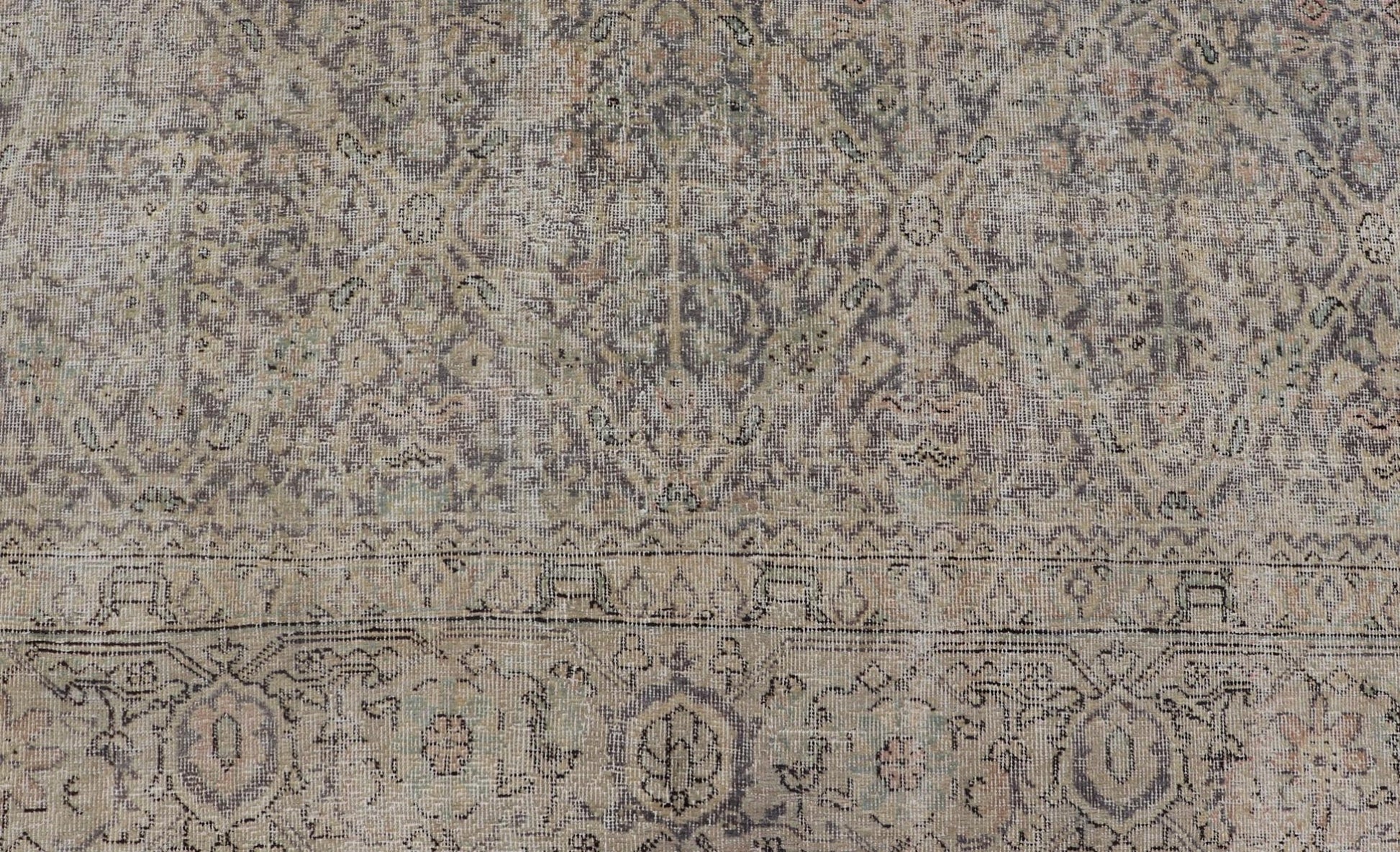 All - Over Vintage Turkish Distressed Rug in Cream, Lavender, Taupe, and Green. Keivan Woven Arts / rug EN - 15415, country of origin / type: Turkey / Oushak, circa 1950. Measures: 7'9 x 11'2 This distressed rug Turkish vintage rug bears... - Keivan Woven ArtsEN - 15415 - 23690Rug