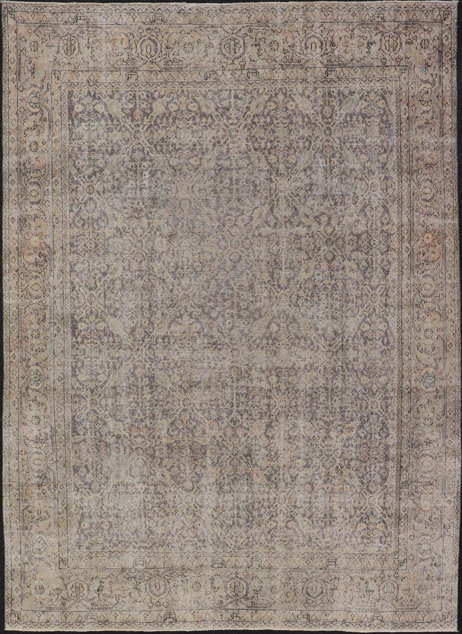 All - Over Vintage Turkish Distressed Rug in Cream, Lavender, Taupe, and Green. Keivan Woven Arts / rug EN - 15415, country of origin / type: Turkey / Oushak, circa 1950. Measures: 7'9 x 11'2 This distressed rug Turkish vintage rug bears... - Keivan Woven ArtsEN - 15415 - 23690Rug