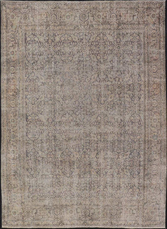 All - Over Vintage Turkish Distressed Rug in Cream, Lavender, Taupe, and Green. Keivan Woven Arts / rug EN - 15415, country of origin / type: Turkey / Oushak, circa 1950. Measures: 7'9 x 11'2 This distressed rug Turkish vintage rug bears... - Keivan Woven ArtsEN - 15415 - 23690Rug