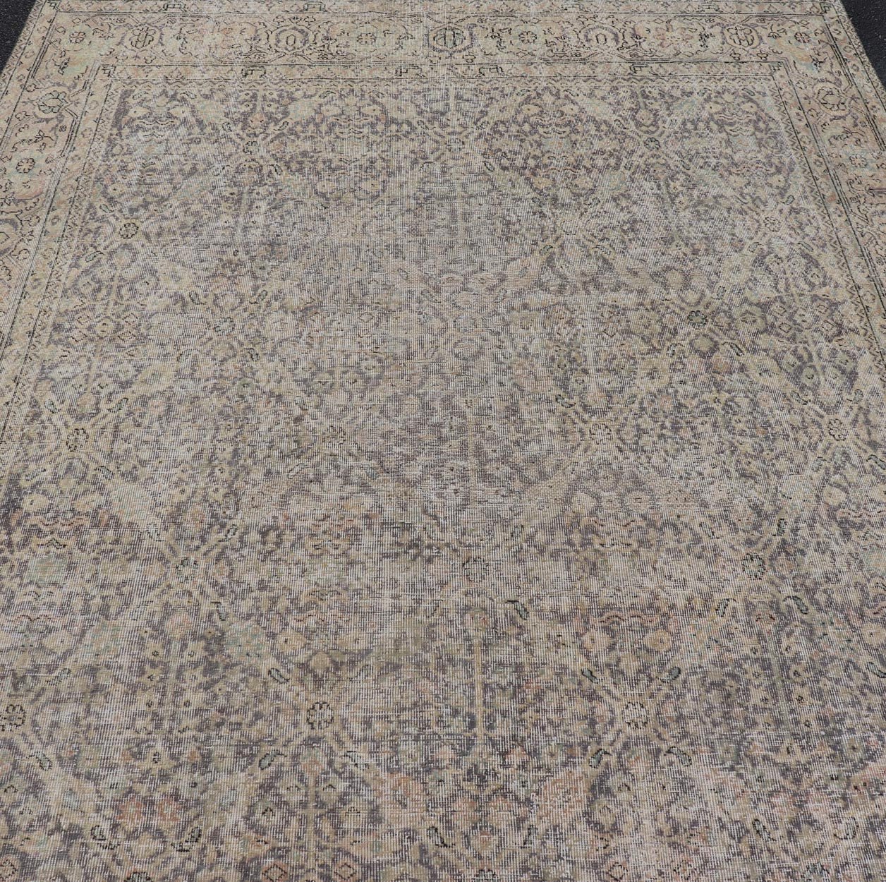All - Over Vintage Turkish Distressed Rug in Cream, Lavender, Taupe, and Green. Keivan Woven Arts / rug EN - 15415, country of origin / type: Turkey / Oushak, circa 1950. Measures: 7'9 x 11'2 This distressed rug Turkish vintage rug bears... - Keivan Woven ArtsEN - 15415 - 23690Rug