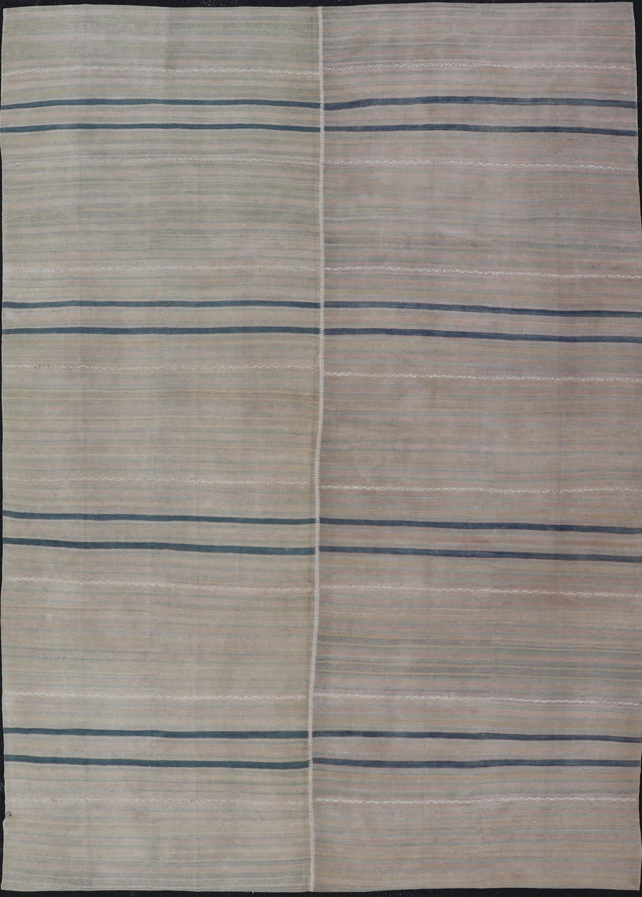 Vintage Turkish Tribal Kilim Rug with Serene Pastel Stripes and Handwoven Elegance - Keivan Woven ArtsEN - 15417Rug